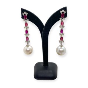 Red ruby, white diamond, and pearl earrings set in 18k gold