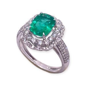 Emerald and Diamond ring in 18Kt White gold, Emerald double cluster ring, Oms milano