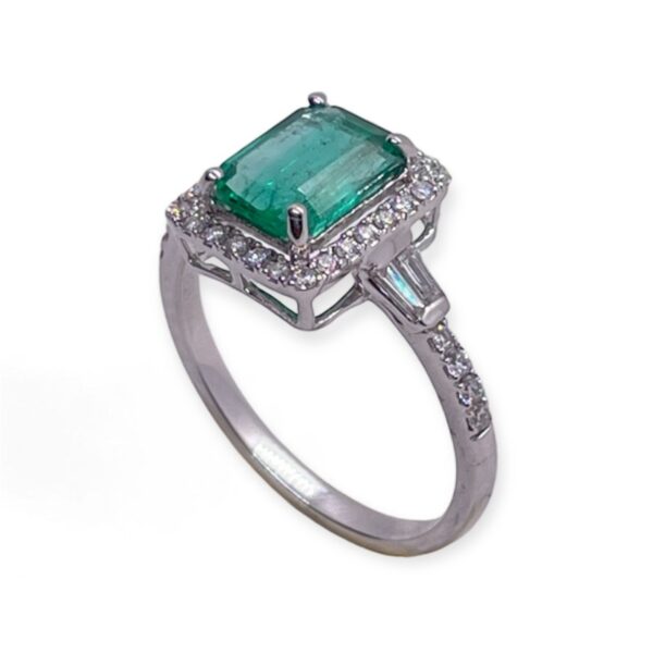 Emerald cut emerald and fancy cut diamond ring in 18Kt white gold, Oms milano, Harsh Khandelwal Jewellery