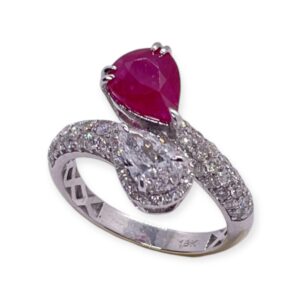 Pear shape ruby and diamond ring in 18 Kt white gold, Harsh Khandelwal Jewellery, Oms milano