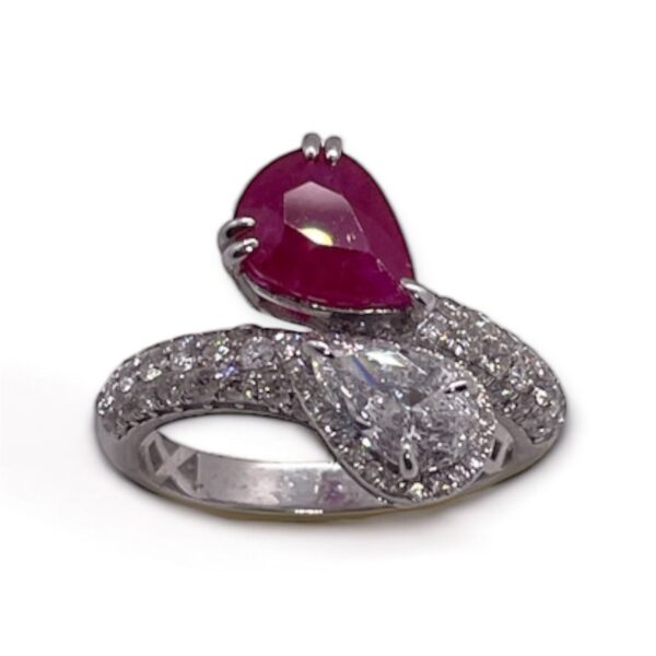 Pear shape ruby and diamond ring in 18 Kt white gold, Harsh Khandelwal Jewellery, Oms milano