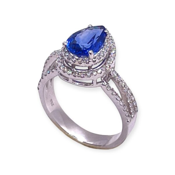 Pear shape sapphire and diamond double cluster ring in white gold, Oms milano, Harsh Khandelwal Jewellery