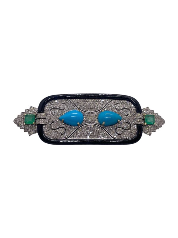 Classic Turquoise, Emerald and Diamond brooch | A13858