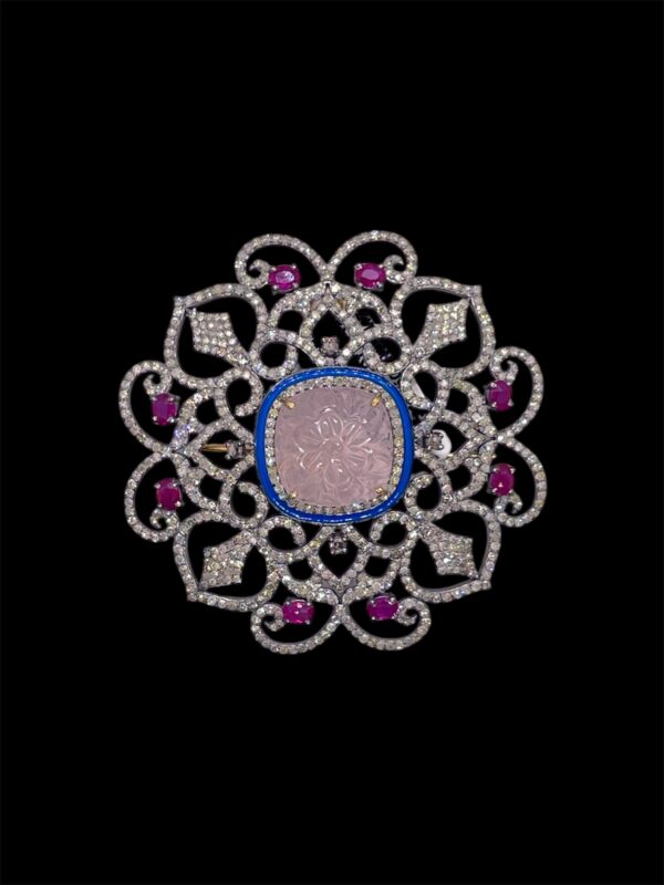 Imperial Rose Quartz, Ruby and Diamonds brooch | A13575