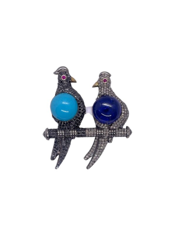 Tanzanite, Turquoise and diamonds Bird Brooch in Silver | Animal Jewellery | A13004