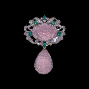 Imperial Rose Quartz, Emeralds and Diamonds in Silver | A13576