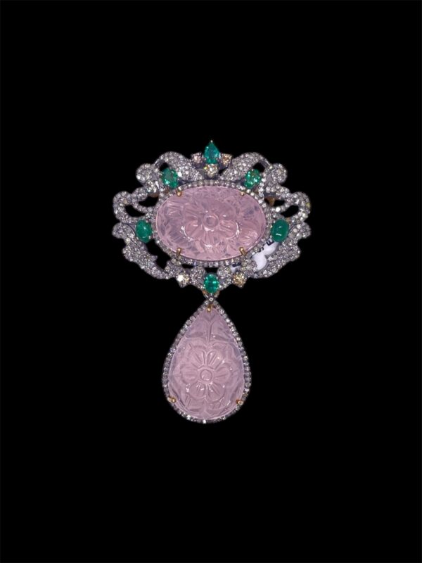Imperial Rose Quartz, Emeralds and Diamonds in Silver | A13576