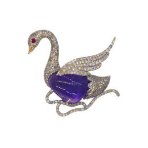 Amethyst, Ruby and Diamonds Dove Brooch in Silver | Animal Jewellery | A13860