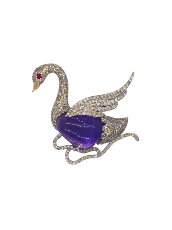 Amethyst, Ruby and Diamonds Dove Brooch in Silver | Animal Jewellery | A13860