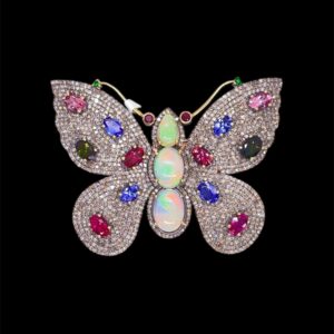 Opal, Diamonds and Colour stone Butterfly Brooch in Silver | Animal Jewellery | A13573