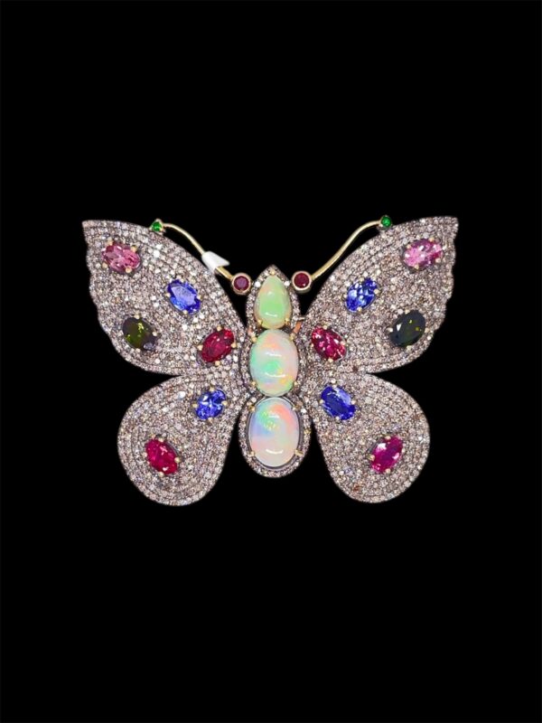 Opal, Diamonds and Colour stone Butterfly Brooch in Silver | Animal Jewellery | A13573