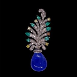 Tanzanite, Emerald and Diamonds Pineapple Brooch in Silver | A13577