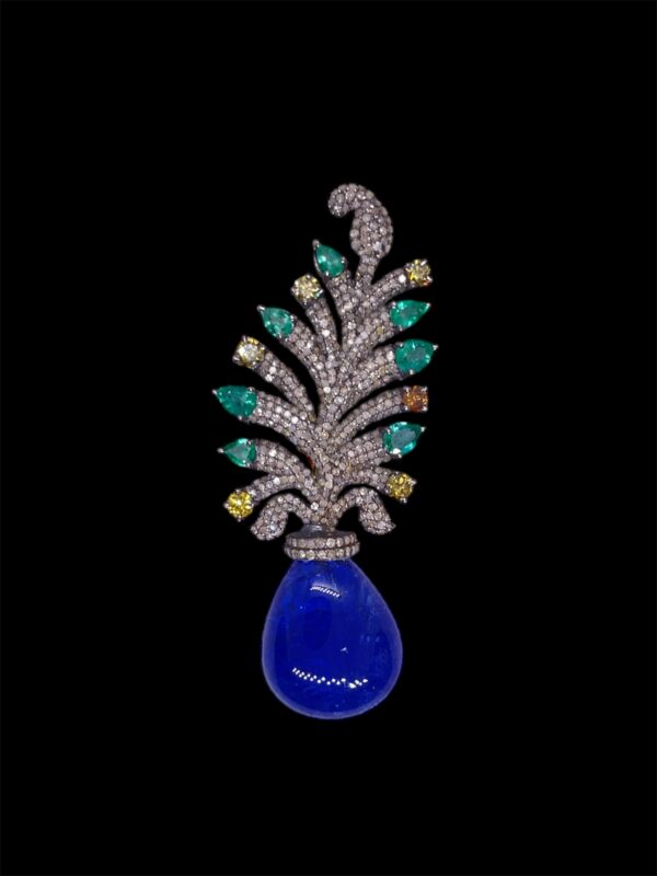 Tanzanite, Emerald and Diamonds Pineapple Brooch in Silver | A13577