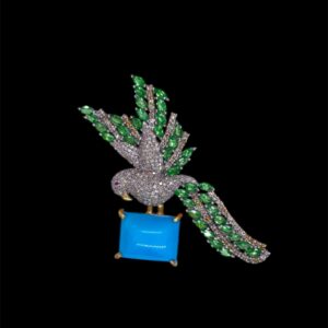 Turquoise, Green Garnet and Diamonds Bird Brooch in Silver | Animal Jewellery | A13859