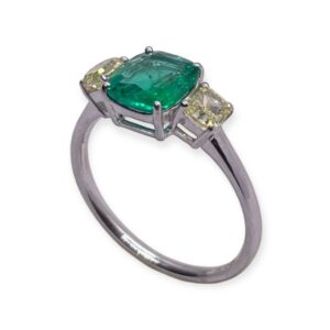 Three Stone emerald and yellow diamond ring in gold, Oms milano, Harsh Khandelwal Jewellery